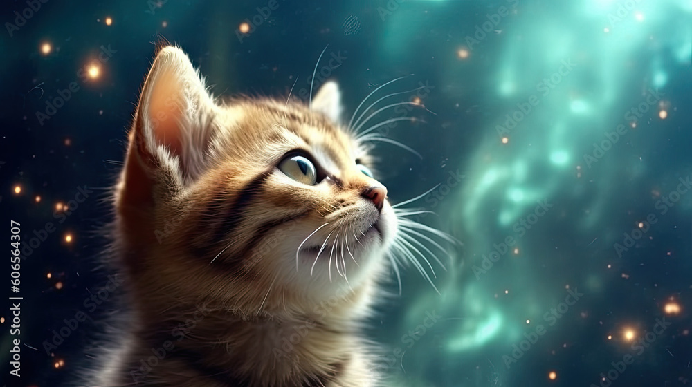 Cat in outer space, space clouds all around. Generative Ai