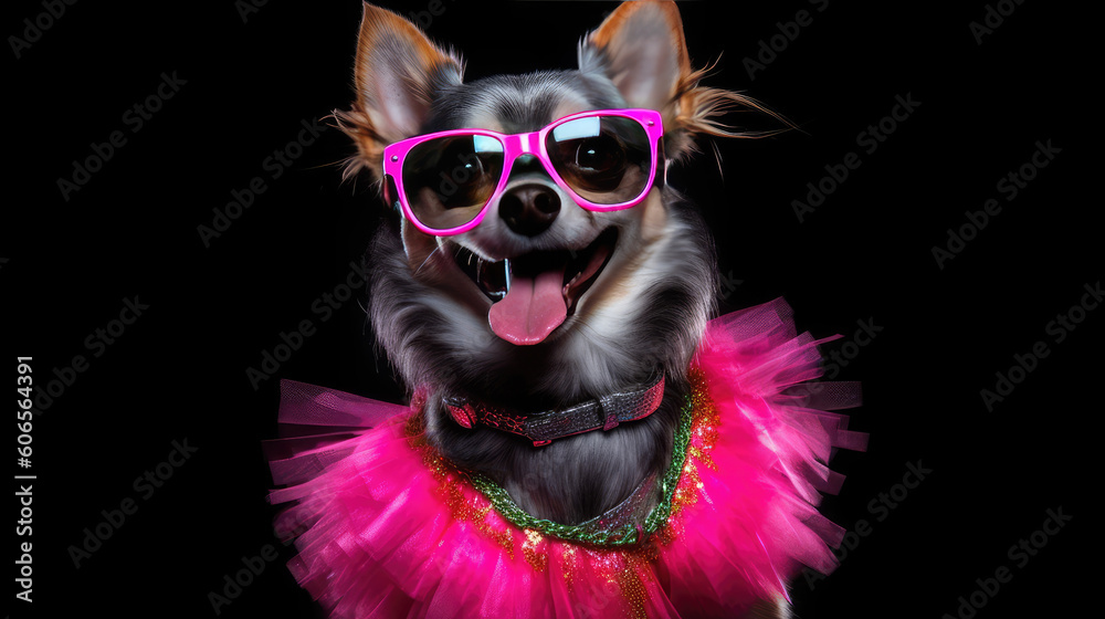 Image of dog wearing colorful sunglasses. Generative Ai