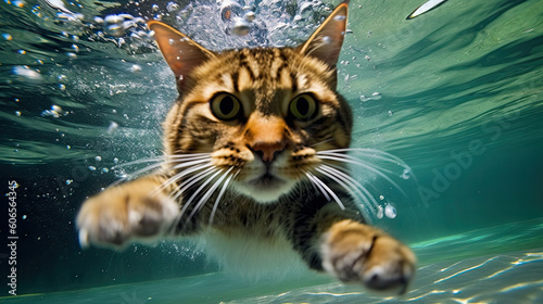 Image of a cute cat swimming under water. Generative Ai