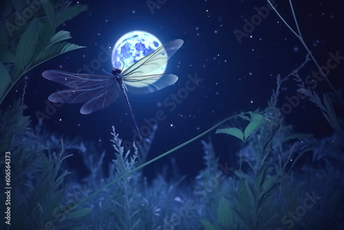 Fotografiet A fluttering dragonfly flies in the night fantastic enchanted forest under the moonlight
