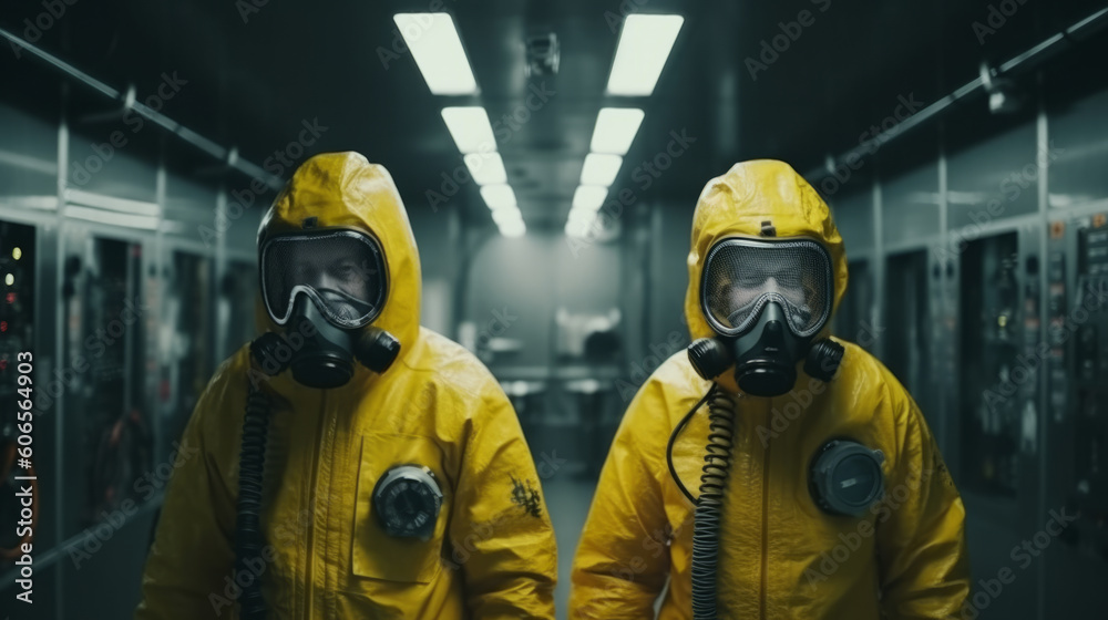 Yellow protective suit against the virus and bacteria of the coronovirus for a laboratory researcher. Experiments with dangerous pathogens. Created with AI. Yellow protective suit against the virus and bacteria of the coronovirus for a laboratory researcher. Experiments with dangerous pathogens. Created with AI.