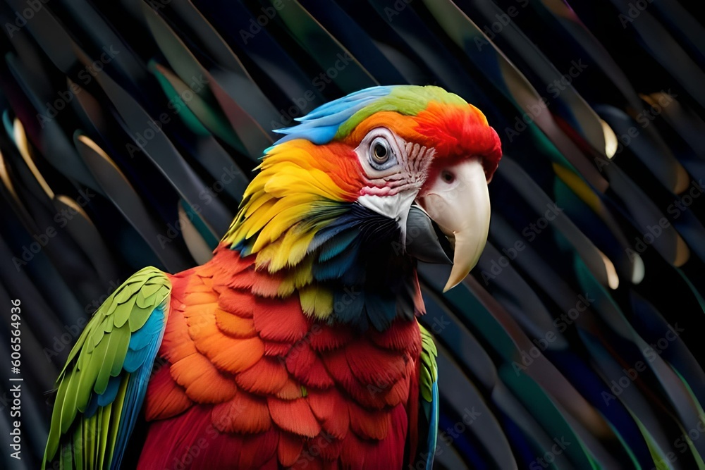 Fototapeta premium Colorful parrot isolated on black background Generative AI