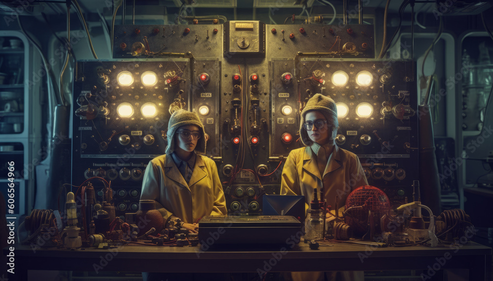 Two engineers work on a nuclear power plant, an innovative steampunk lab. Created with AI.