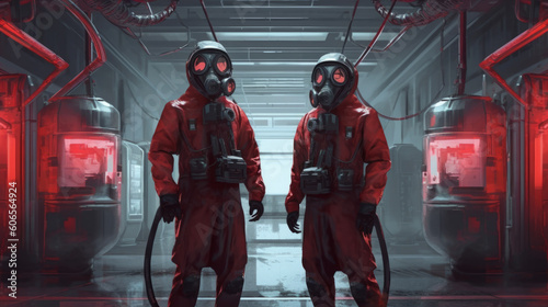 Portrait in a protective suit against the virus and radiation for a researcher in the nuclear physics laboratory. People in a spacesuit at the reactor. Created with AI.