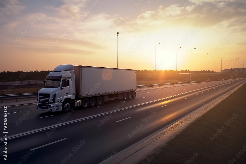 Logistics import export and cargo transportation industry concept of Container Truck run on highway road at sunset blue sky background, generative ai Logistics import export and cargo transportation industry concept of Container Truck run on highway road at sunset blue sky background, generative ai