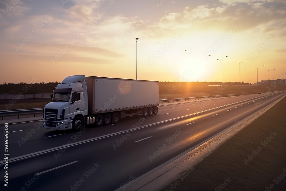 Logistics import export and cargo transportation industry concept of Container Truck run on highway road at sunset blue sky background, generative ai 