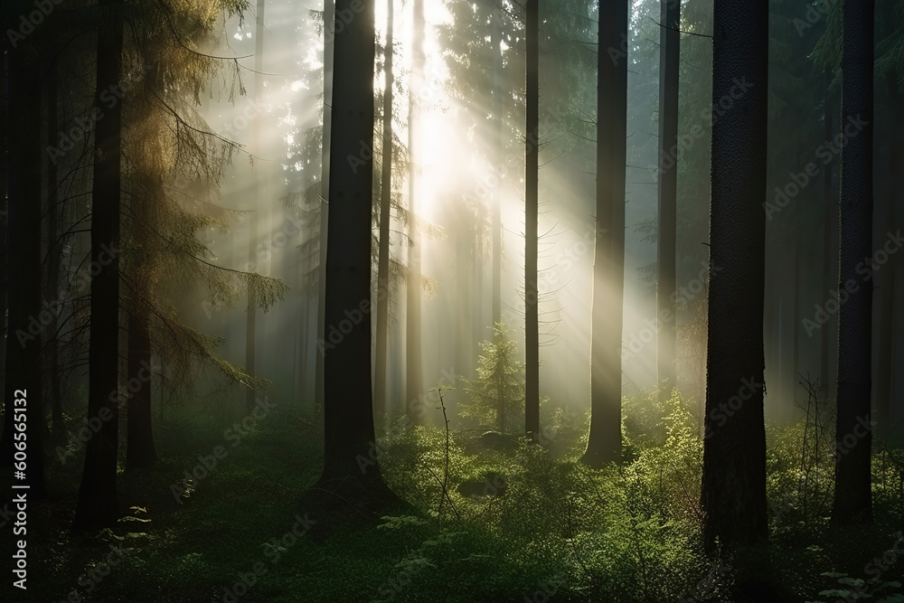 Fototapeta premium Natural Forest of Spruce Trees, Sunbeams through Fog create mystic Atmosphere, generative ai 