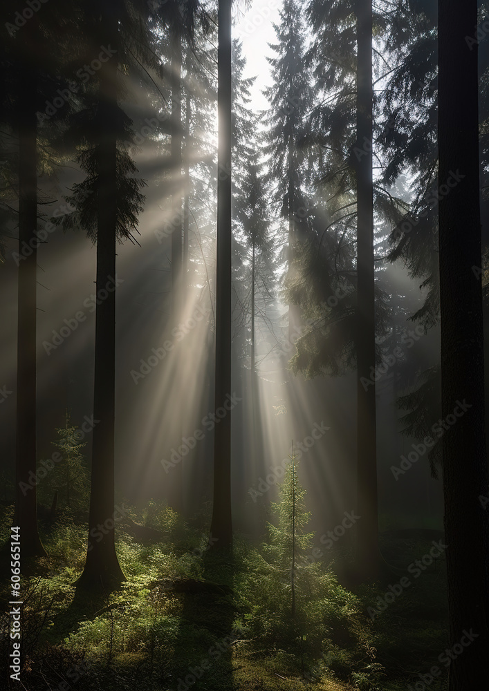 Natural Forest of Spruce Trees, Sunbeams through Fog create mystic Atmosphere, generative ai 