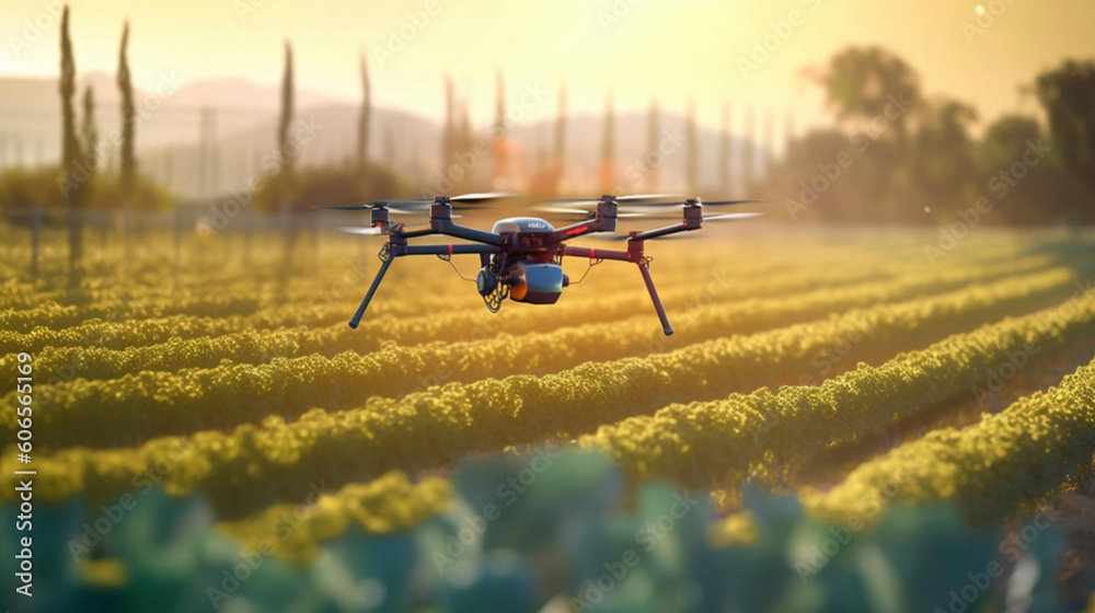 Generative A.I. focus on a industrial drone flying over a field with crops, visually appealing, with unity and balance across the composition, created in a relevant, trendy style and color 