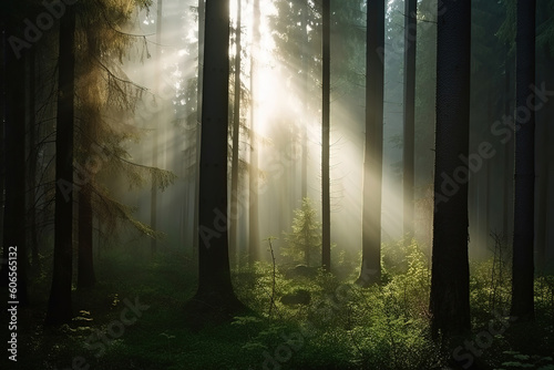 Natural Forest of Spruce Trees  Sunbeams through Fog create mystic Atmosphere  generative ai 