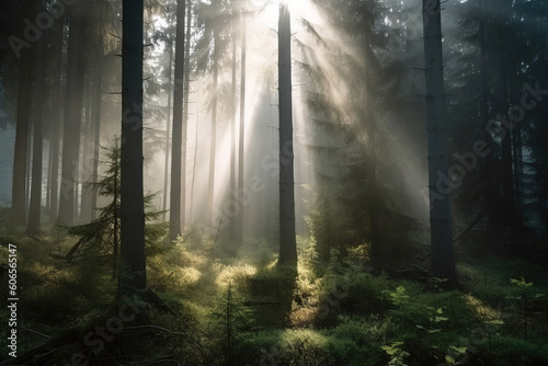 Natural Forest of Spruce Trees, Sunbeams through Fog create mystic Atmosphere, generative ai 