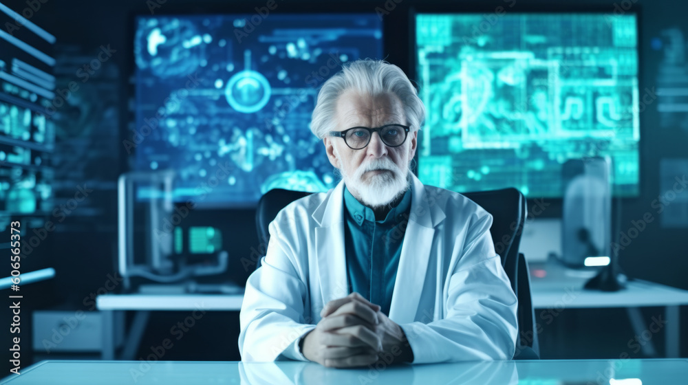 Portrait of a professor who teaches a lesson to students, scientific work of a doctor of technical sciences, laboratory experiments. Created with AI. Portrait of a professor who teaches a lesson to students, scientific work of a doctor of technical sciences, laboratory experiments. Created with AI.