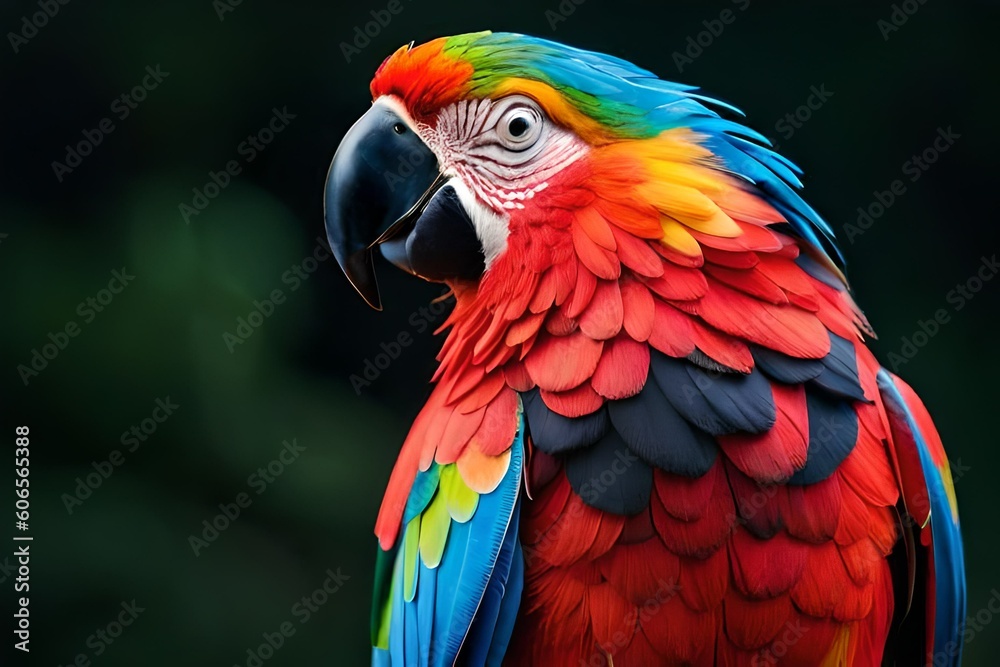 Fototapeta premium Colorful parrot isolated on black background Generative AI
