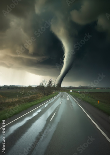 Powerful Tornado On Road In Stormy Landscape , generative ai  © vvalentine