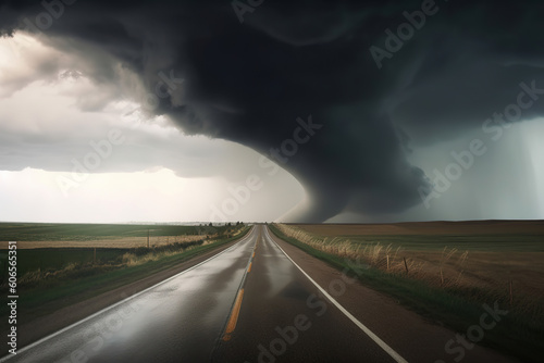 Powerful Tornado On Road In Stormy Landscape   generative ai 