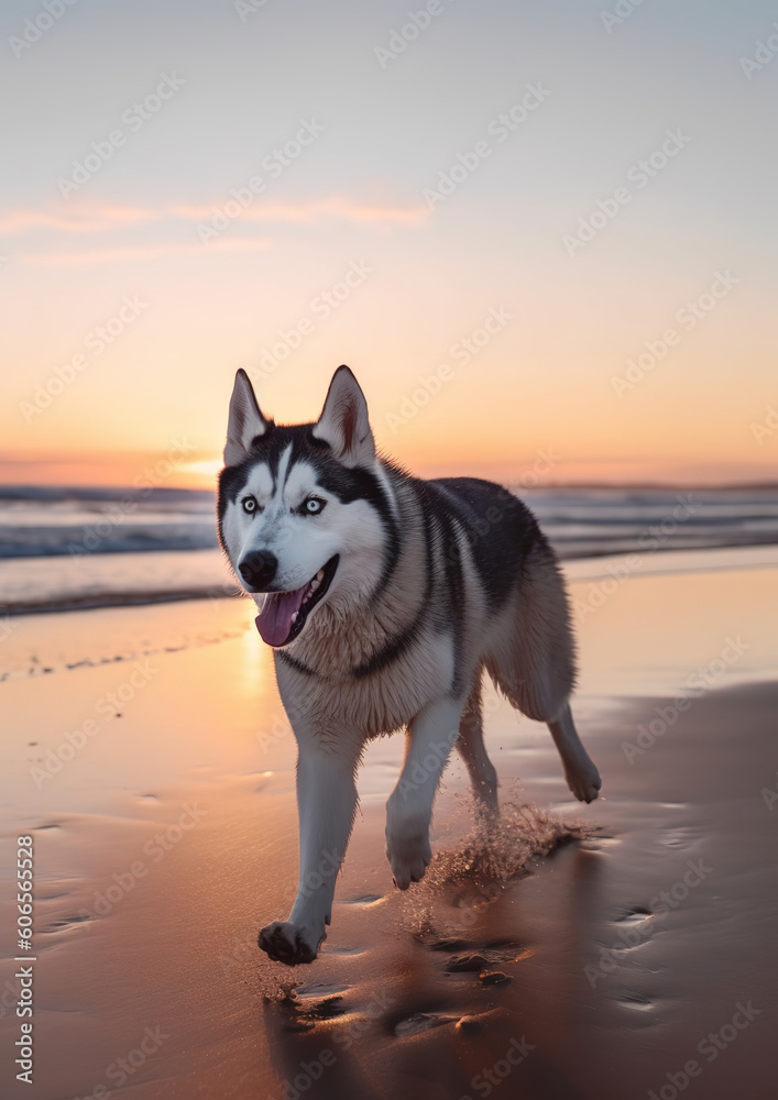 Stunning Siberian husky dog breed running on the beach at sunrise, generative ai Stunning Siberian husky dog breed running on the beach at sunrise, generative ai