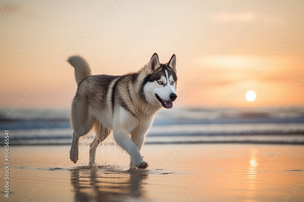 Stunning Siberian husky dog breed running on the beach at sunrise, generative ai Stunning Siberian husky dog breed running on the beach at sunrise, generative ai