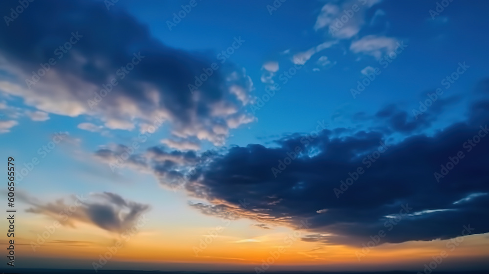Sunset on blue sky. Blue sky with some clouds. blue sky clouds, summer skies, cloudy blue sky, generative ai 
