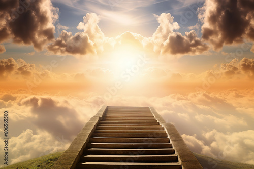 Stairway Leading Up To Sky At Sunrise - Resurrection And Entrance Of Heaven, generative ai 
