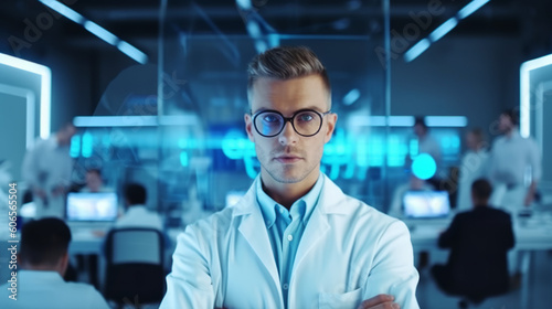 Portrait of a young stylish doctor, a student of innovative developments in a laboratory. Created with AI.