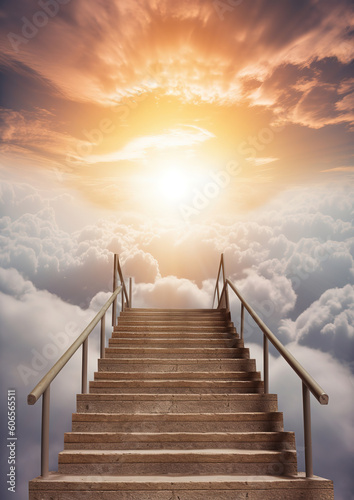 Stairway Leading Up To Sky At Sunrise - Resurrection And Entrance Of Heaven  generative ai 