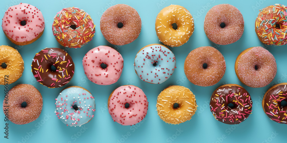 Top view of yummy vanilla doughnuts with colored glaze isolated on a flat blue surface background. Creative wallpaper with donuts. Generative AI professional photo imitation.