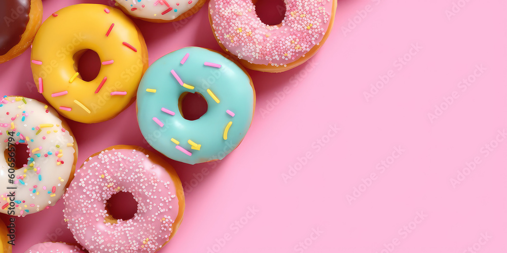 Top view of delicious vanilla doughnuts with colored glaze isolated on ...