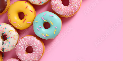 Top view of delicious vanilla doughnuts with colored glaze isolated on a flat pink surface background. Creative wallpaper with donuts. Generative AI professional photo imitation.