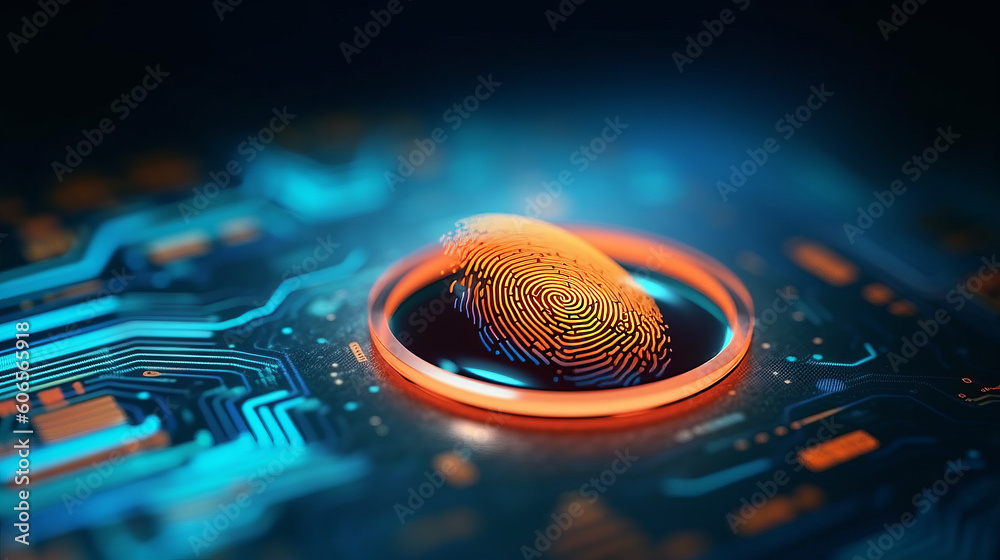 Digital fingerprint scanner, scan biometric identity and access password thru fingerprint, concept of cybersecurity and data protection, security system, generative ai - obrazy, fototapety, plakaty 