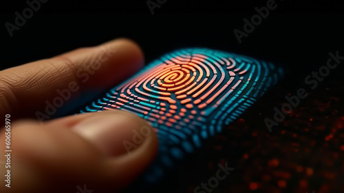 Closeup of person’s thumb interacting with fingerprint scanner, scan biometric identity and access password, concept of cybersecurity and data protection, generative ai photo