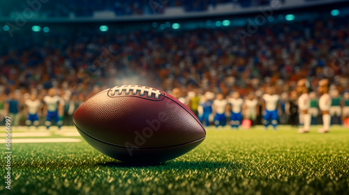 The ball for American football lies on the green lawn of a large stadium with fans and players in the background. Generative Ai