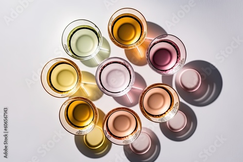 Top view of sparkling wine or champagne glasses on a white backdrop with vivid shadows. Color scheme that is modern and attractive. Generative AI