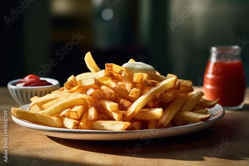 fried fries with tomato sauce and mayonnaise Cinematic Editorial Food Photography