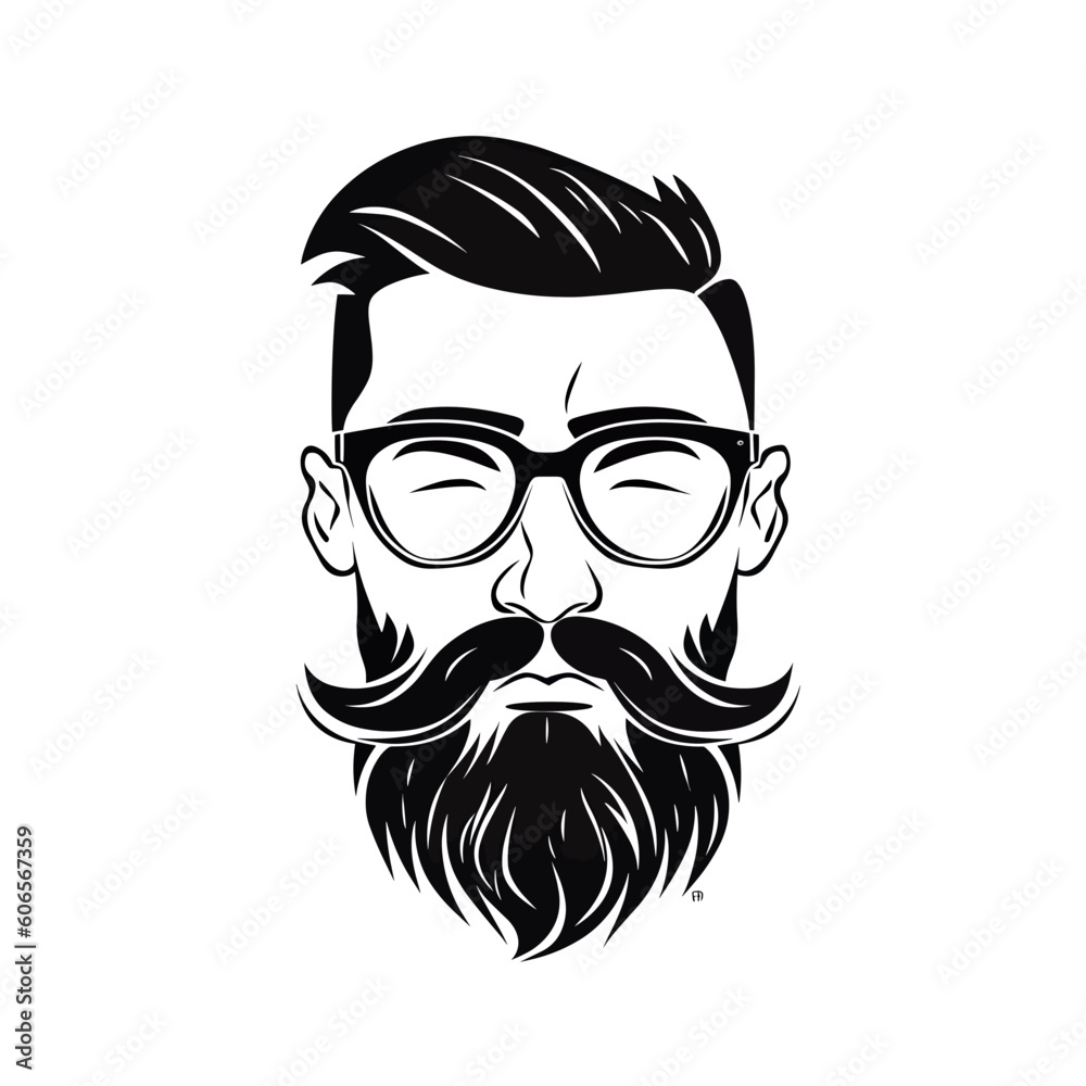 Logo with a hipster man with a beard and glasses.