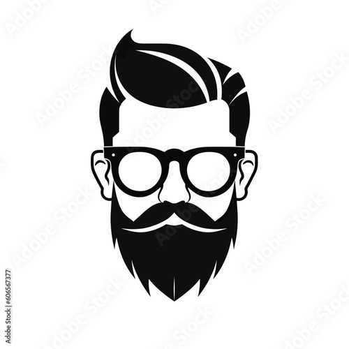Logo with a hipster man with a beard and glasses.