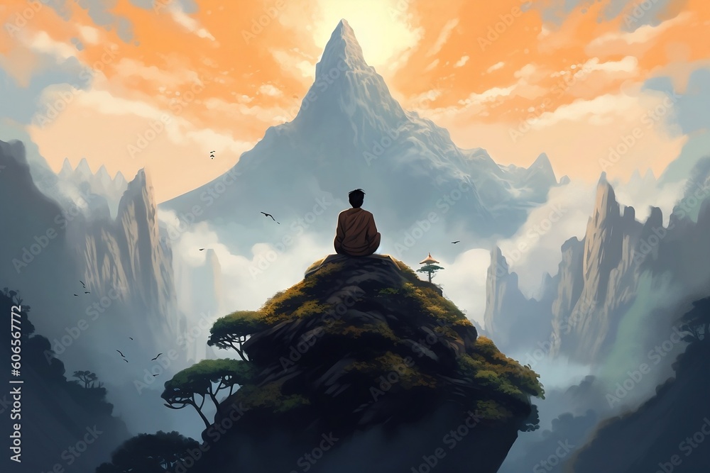 a person sitting at the top of the mountain meditating, illustration. Generative AI