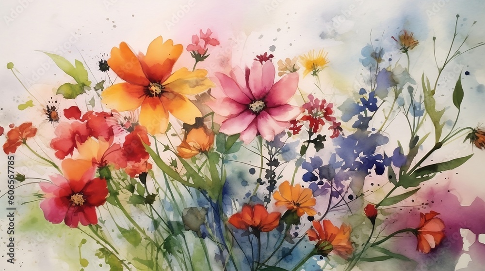 a summer colored flowers, watercolor style. Generative AI 