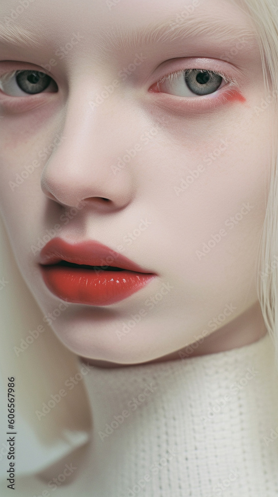 Fototapeta premium Close up sensual portrait of beautiful albino female model. Beauty, fashion, skincare, cosmetics, wellness concept. Well-kept skin, fresh look, details. AI generative