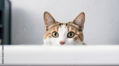 portrait of a peeking cat head. Red cat peeking out. Copy Space. Generative AI