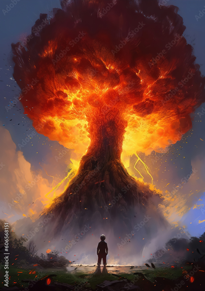 a man standing in front of a huge explosion, fantasy concept art, generative ai 