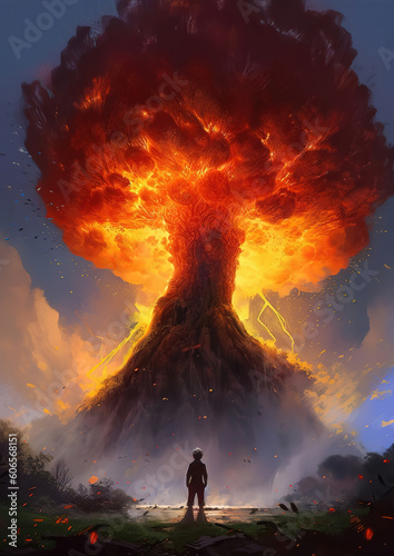 a man standing in front of a huge explosion, fantasy concept art, generative ai 