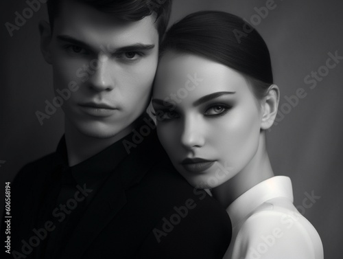 closeup sensual black and white portrait of a beautiful couple, Beauty, fashion, skincare, cosmetics, wellness concept. Well-kept skin, fresh look, details. AI generative
