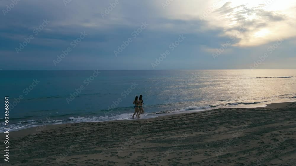 Two women friends in bikinis running along the shore of a beach, aerial view Two women friends in bikinis running along the shore of a beach, aerial view