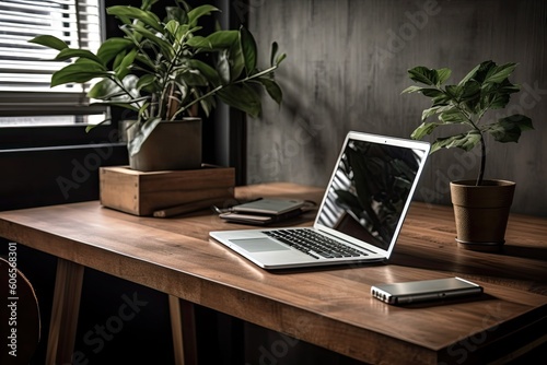 Concept of working from home and having an office. Pencils, a laptop, and a plant are placed on a wooden table. Generative AI