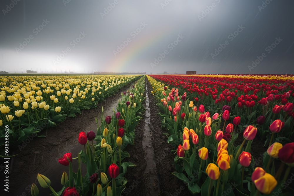 field full of colorful tulips under a cloudy sky, aerial view, generative ai 