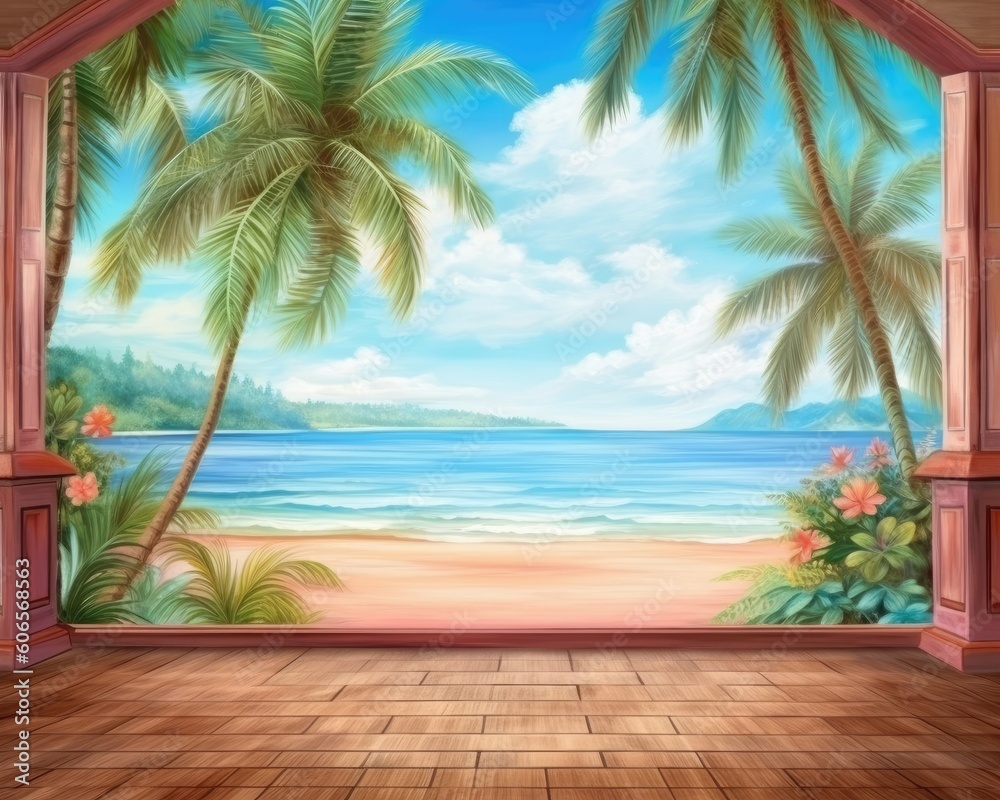 A wide ocean view from a calm, quiet beach with palm trees. (Generative AI)
