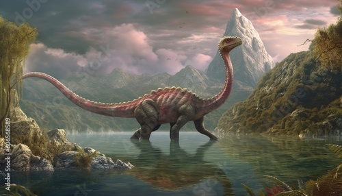 A human enhanced dinosaur in a fantasy landscape appears majestic. (Generative AI) © HandmadePictures