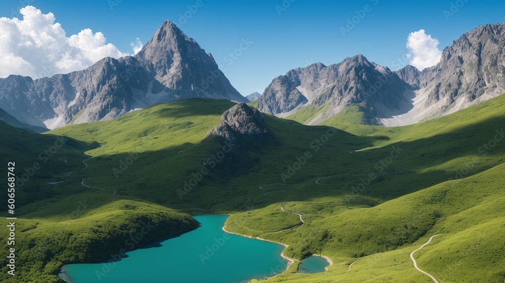 A Beautiful View Of A Lake In A Green Valley With Mountains In The Background AI Generative
