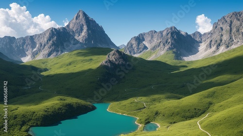 A Beautiful View Of A Lake In A Green Valley With Mountains In The Background AI Generative