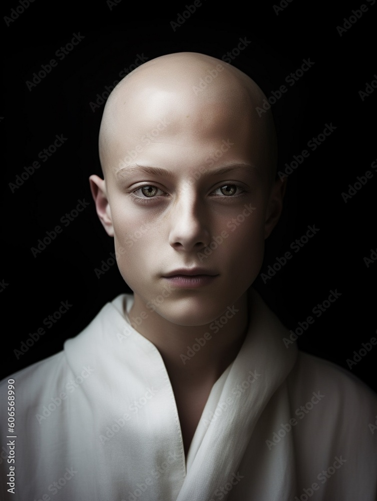 Portrait of serious boy in white kimono looking at camera, ready for the fight, AI generative